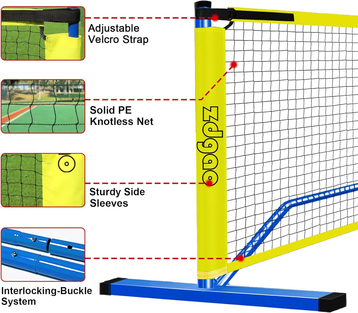 Zdgao Pickleball Net for Driveway with 22FT Regulation Size Pickleball Net, 4 Outdoor Pickleballs and Carry Bag, Weather Resistance Strong Steel Frame image number 4