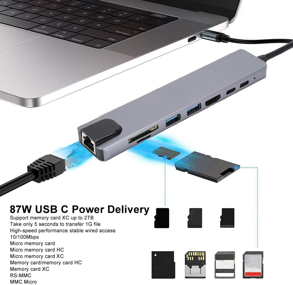 8 In1 Hub,Type C to RJ45 PD USB Docking Station Type C Hub Splitter Converter Adapter Support up to 480M Usb,Support USB 2.0 Memory Card image number 4