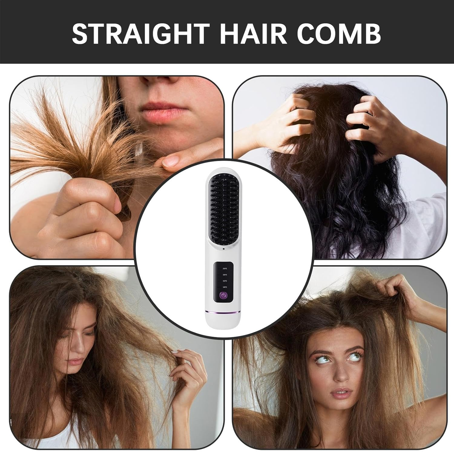 Portable Hair Straightener Brush - Lightweight Straightener Brush | Cordless Straightener Brush 4 Adjustable Temperature USB Straightening Comb for Home and Travel image number 4