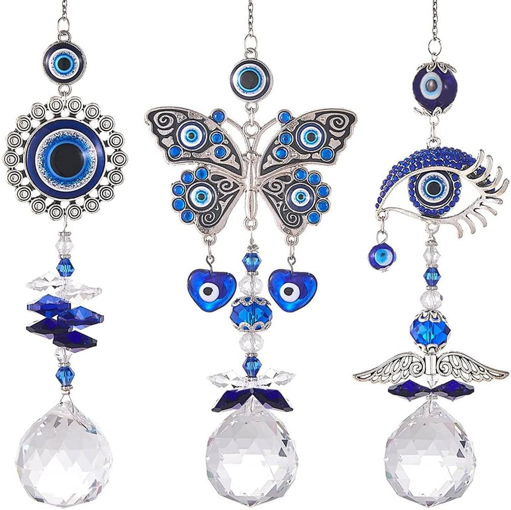 MENGSOOD Evil Eye Car Hanging Ornament for Rear View Mirror - Good Luck Charm Window Sun Catcher Amulet for Protection & Blessing (1Pcs round Blue) - Butterfly image number 6