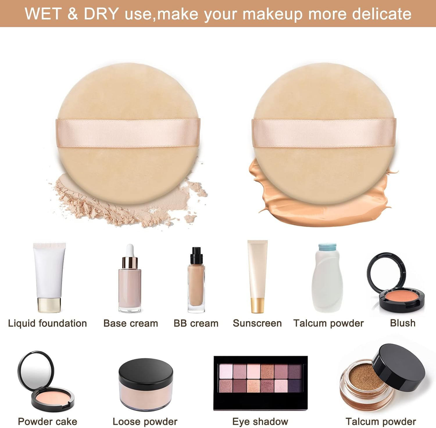 12 Pieces Cotton Powder Puff,3.15 Inch round Portable Soft Sponge Cosmetic Puffs,Velvet Powder Puff with Ribbon Band Handle for Loose Powder Body Powder Makeup Tool image number 1