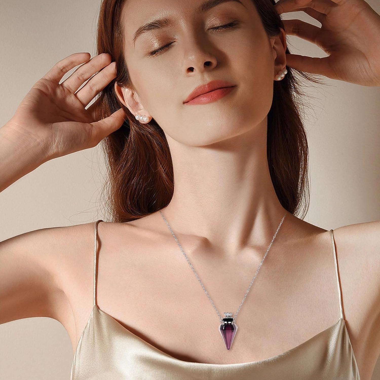 Biiange Perfume Bottle Necklace Diamond Shape, Purple Perfume Bottle Necklace, Essential Oil Diffuser Necklace, for Womens Perfume Vial Pendant Necklace Jewelry Unique Gift image number 3