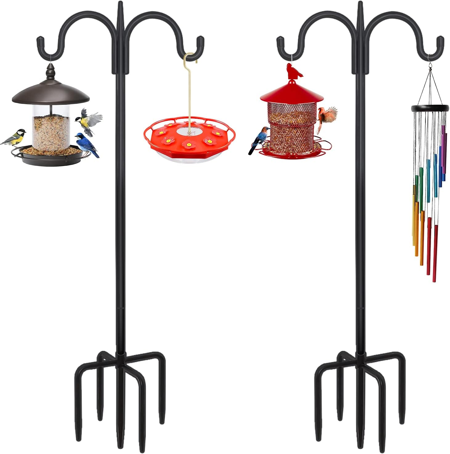 FEED GARDEN Adjustable Double Shepherd Hook for Outdoor with 5 Prong Base 75 Inch Heavy Duty Two Sided Bird Feeder Pole for Hanging Plant Baskets, Solar Light Lanterns, Wind Chimes 2 Pack
