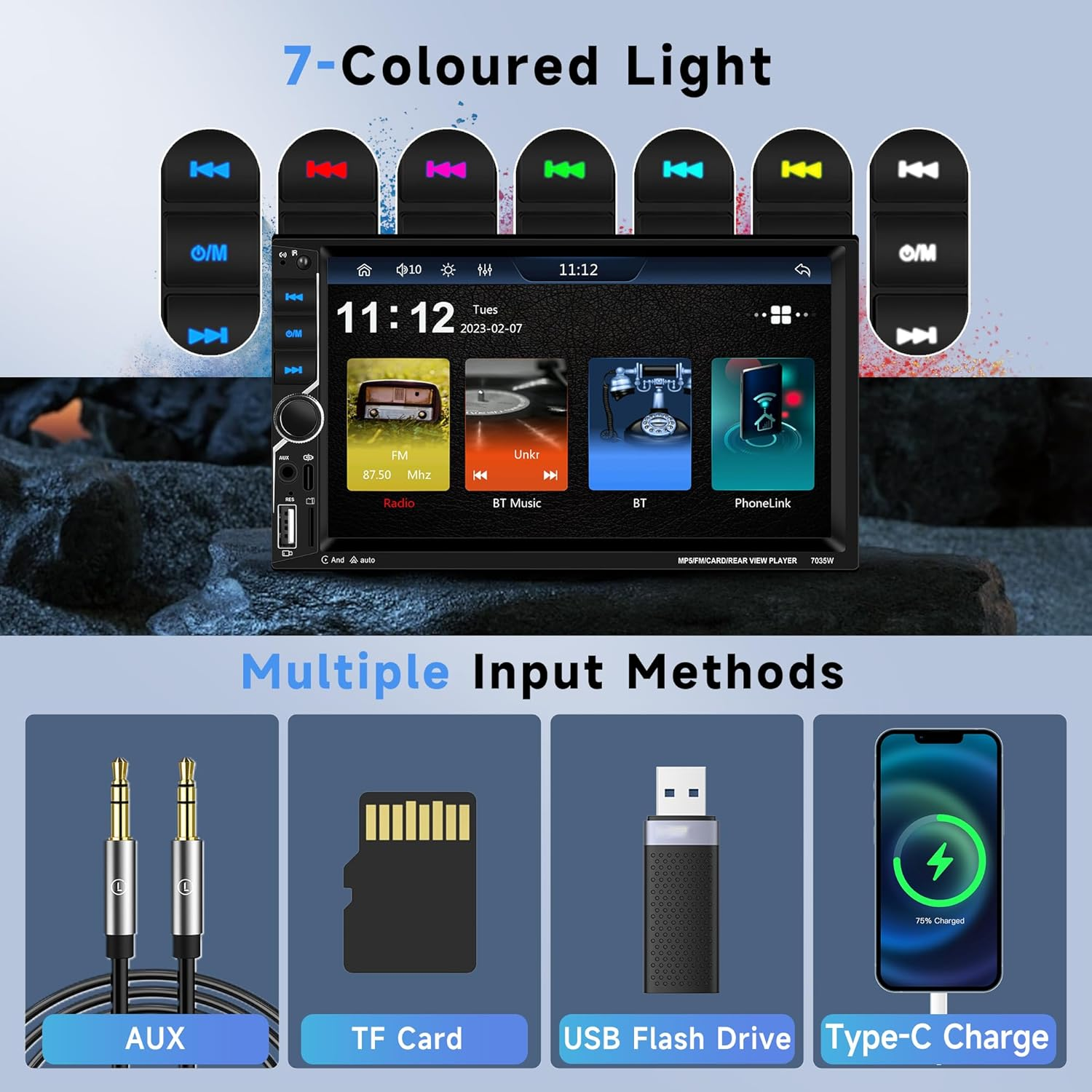 Double Din Car Stereo Wireless Apple Carplay Rimoody 7 Inch HD Touchscreen Car Radio with Android Auto Mirror Link, Backup Camera, Bluetooth, FM, EQ SWC/USB/TF/AUX Remote Control image number 4