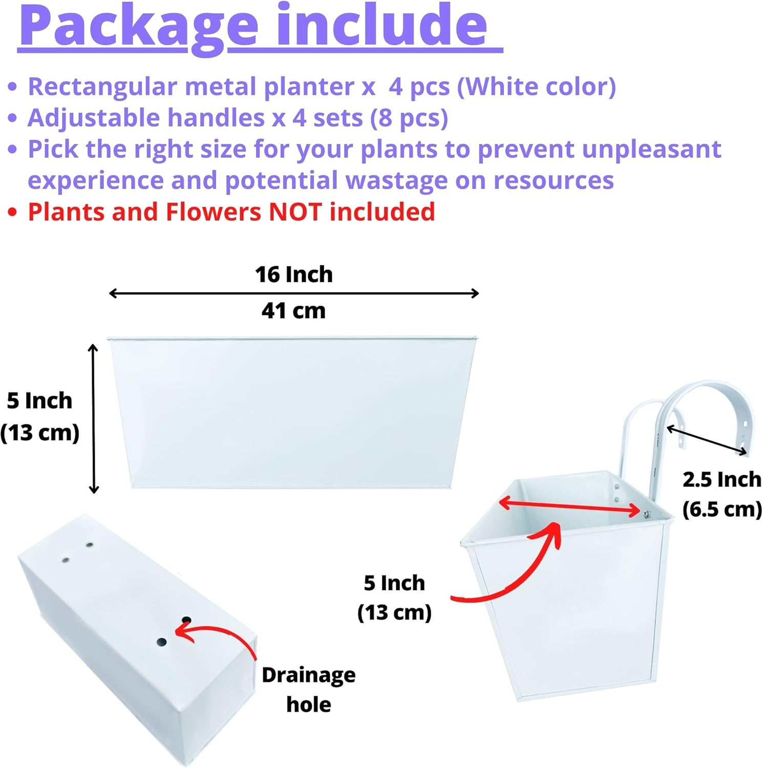 Lalagreen Rail Planter Box (4 Pack, 16 Inch) Large White Metal Hanging Flower Pots, Rectangle Outdoor Strawberry Plant Holder Window Balcony Deck Railing Fence Minimalist Farmhouse Countryside Style image number 3