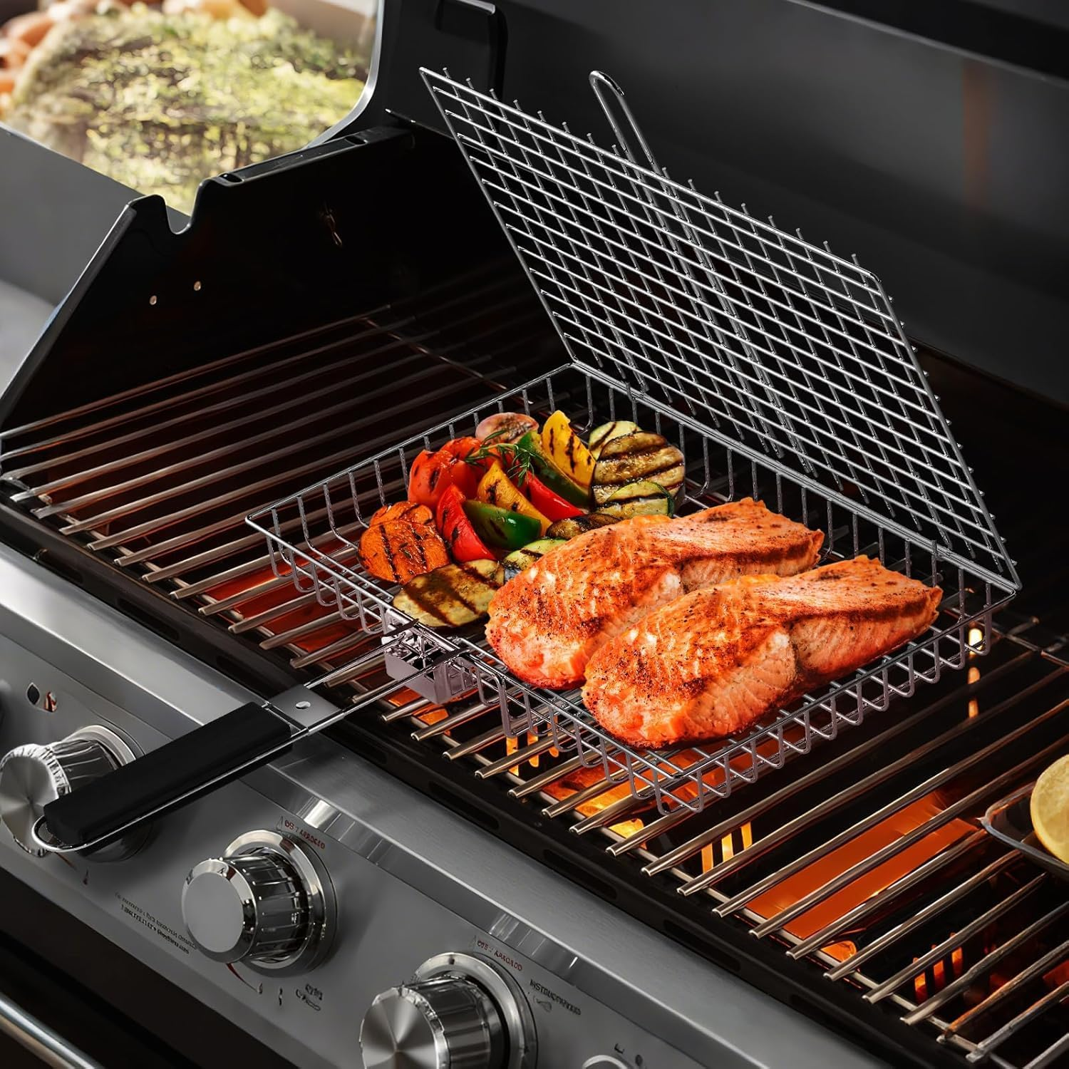 Grill Basket Extra Large,Barbecue Accessories,Stainless Steel BBQ Grill Basket Portable Camping Grilling Rack with Removable Handle for Fish,Vegetables,Grilling Gifts for Men, Dad (32 * 23 * 4CM) image number 3