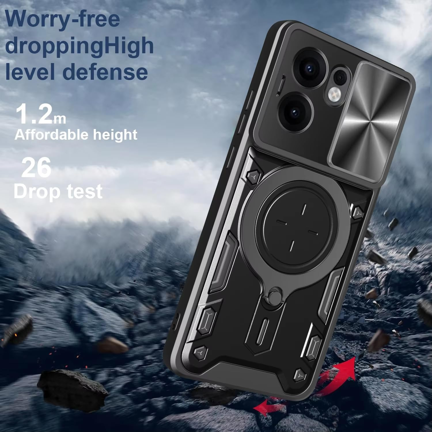 FORZARMOR for Oppo Reno13 Pro 5G (6.83 Inch) Case Shockproof with Back Camera Slide Window Cover, Ring Kickstand Armor Military Rugged Cover (For Reno13 Pro,Black) image number 4