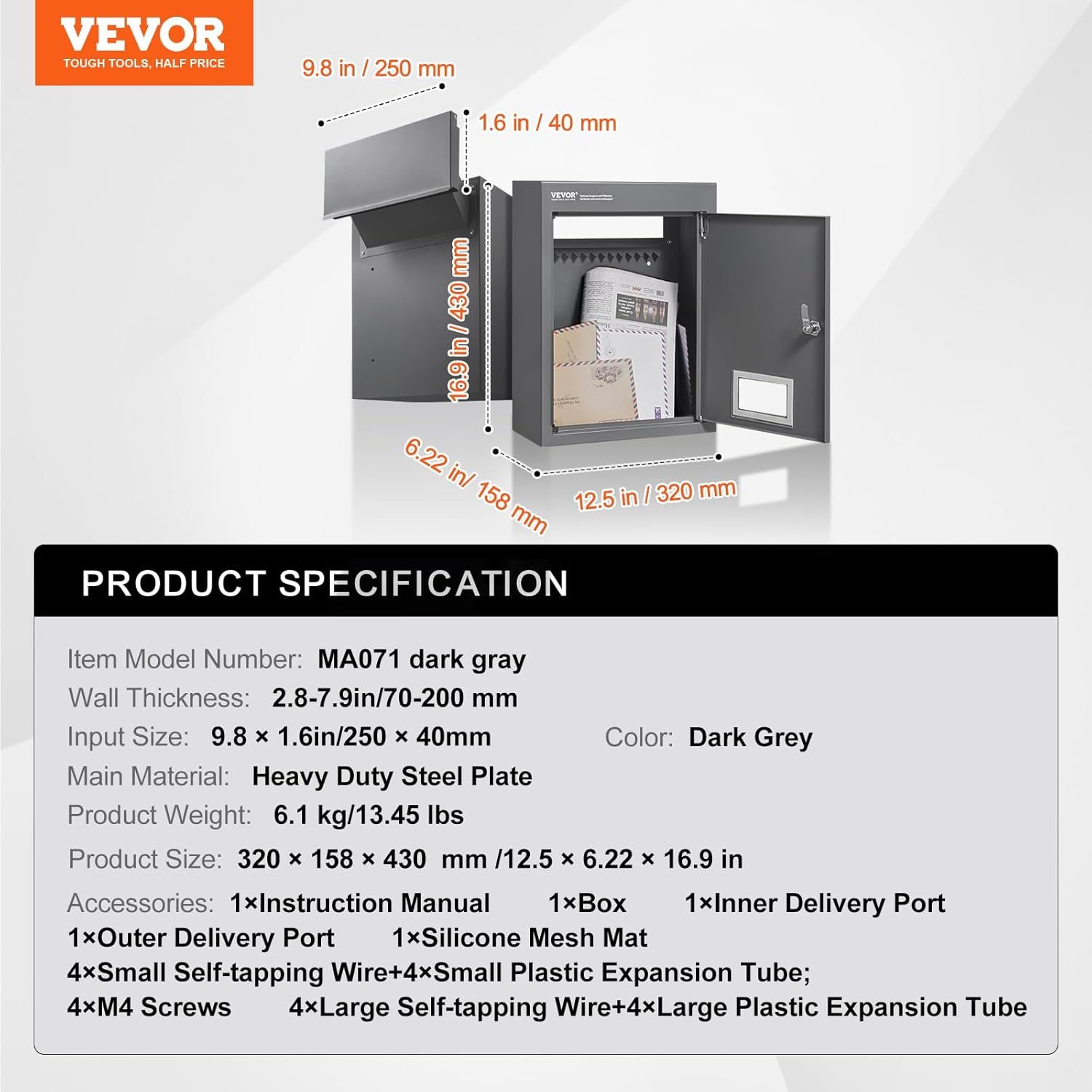 VEVOR through the Wall Drop Box, Heavy Duty Steel through the Wall Mailbox with 2.8-7.9" 13" Combination Lock, 12.5X6.3X16.9 Mail Drop Box, Dark Gray image number 2