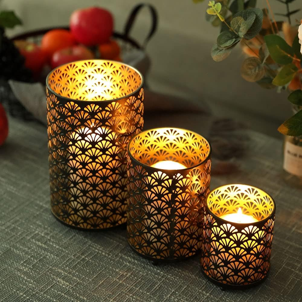 JHY DESIGN Set of 3 Metal Candle Holders Bronze Hurricane Pillar Candleholder Vintage Table Candlestick Holders Great Centerpieces for Home Decor Wedding Parties Events image number 3