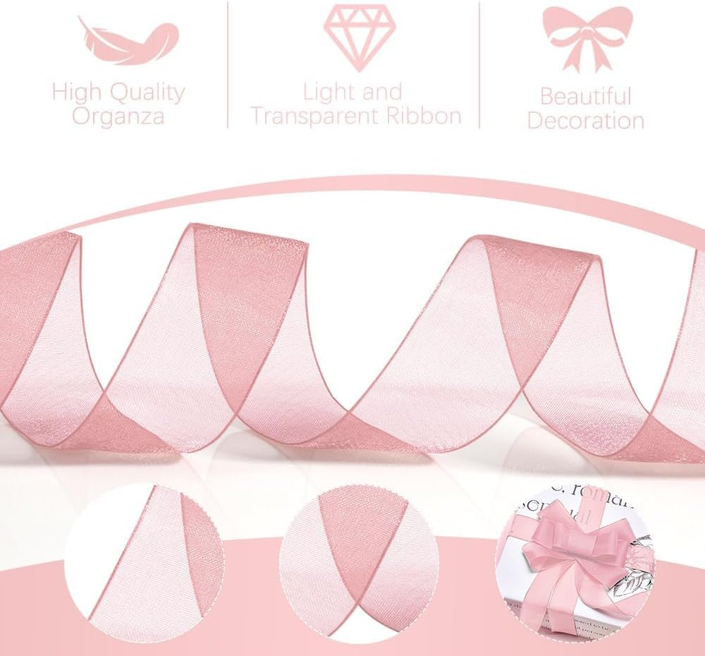 Pink Ribbon 1 1/2 Inch Christmas Organza Ribbon Pink Chiffon Ribbon Sheer Ribbon 50 Yd Tulle Pink Ribbon for Gift Wrapping Halloween Ribbons for Crafts Hair Bows Flower Bouquet Wedding Champagne Pink image number 1