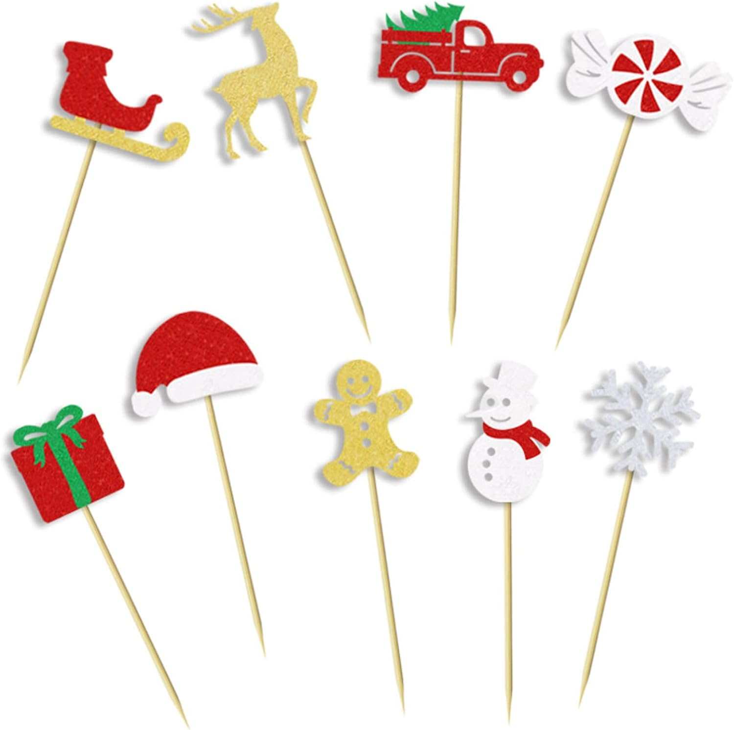 18Pcs Christmas Cupcake Toppers Glitter Christmas Hat Tree Candy Snowflake Snowman Deer Sled Gift Cupcake Picks Merry Christmas Theme Happy New Year Holiday Party Decorations Supplies image number 4