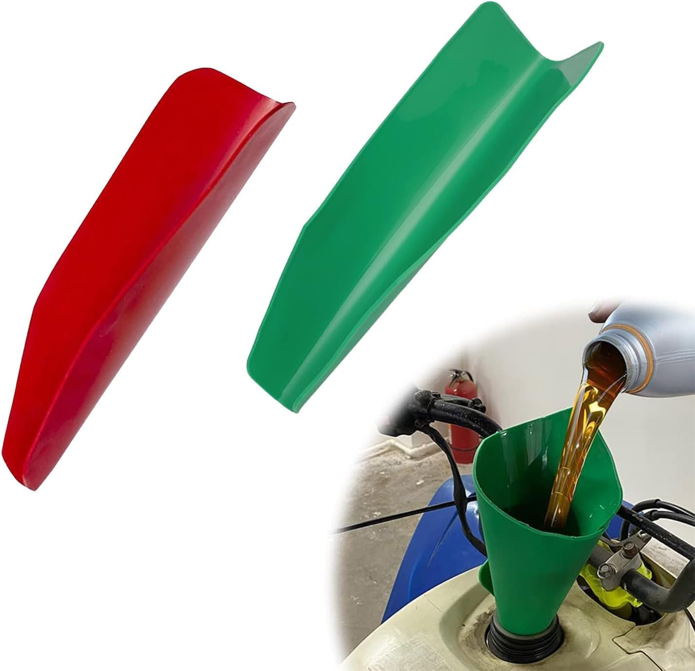 2 Pack Flexible Draining Oil Funnel,14.5" X 6.7" Free Folding Deflector Rubber Tool, Universal for Car, Garden and Lawn Accessories (Green and Red) image number 1