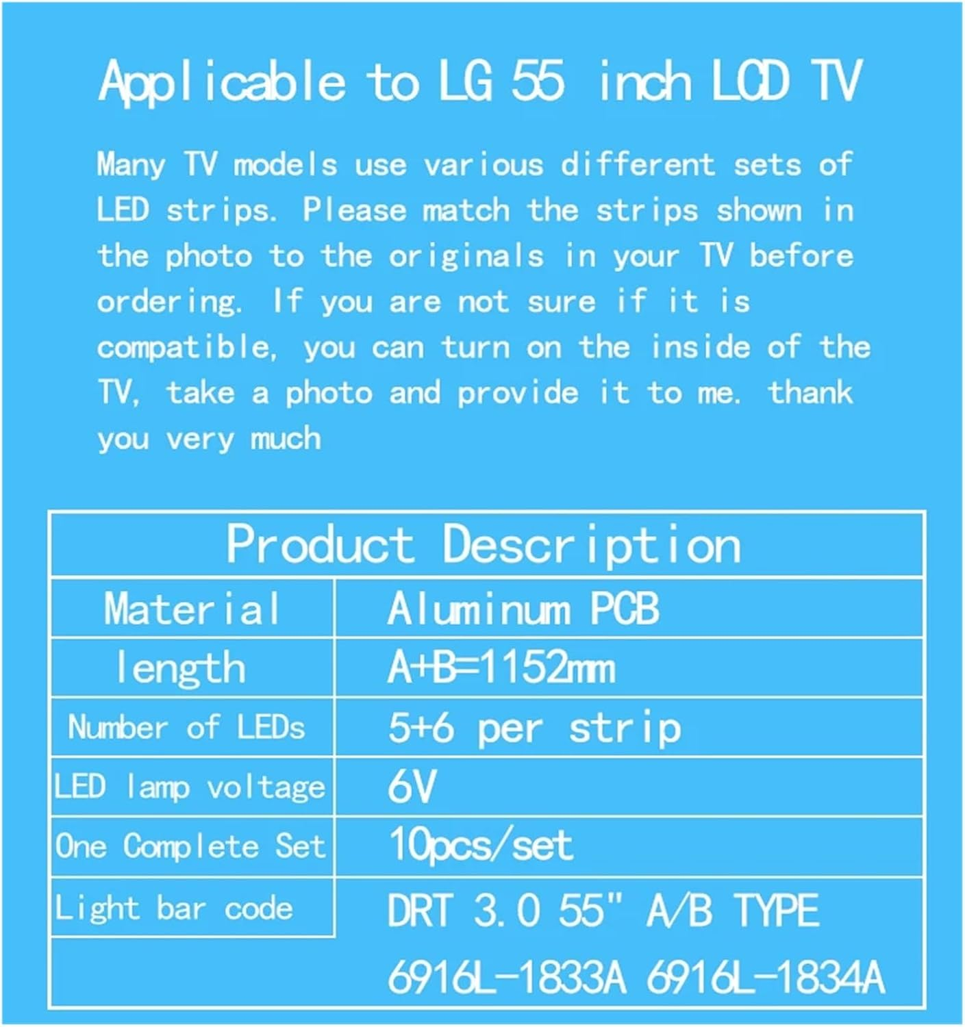 For L-G 55" LCD TV INNOTEK DRT 3.0 55" a Type 55LF652V 55LB582V 55LB5800 55LB580V 55LB5610 55LB630V 55LF580V 55LF5800 55LB6300 image number 1