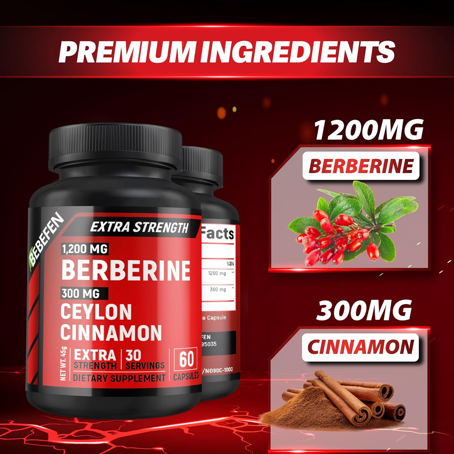 BEBEFEN Premium Berberine Hcl 1200Mg plus Ceylon Cinnamon 300Mg, Berberine HCI Root Supplements Pills - Non-Gmo, Vegan, Gluten Free. 60 Easy to Swallow Capsules image number 3
