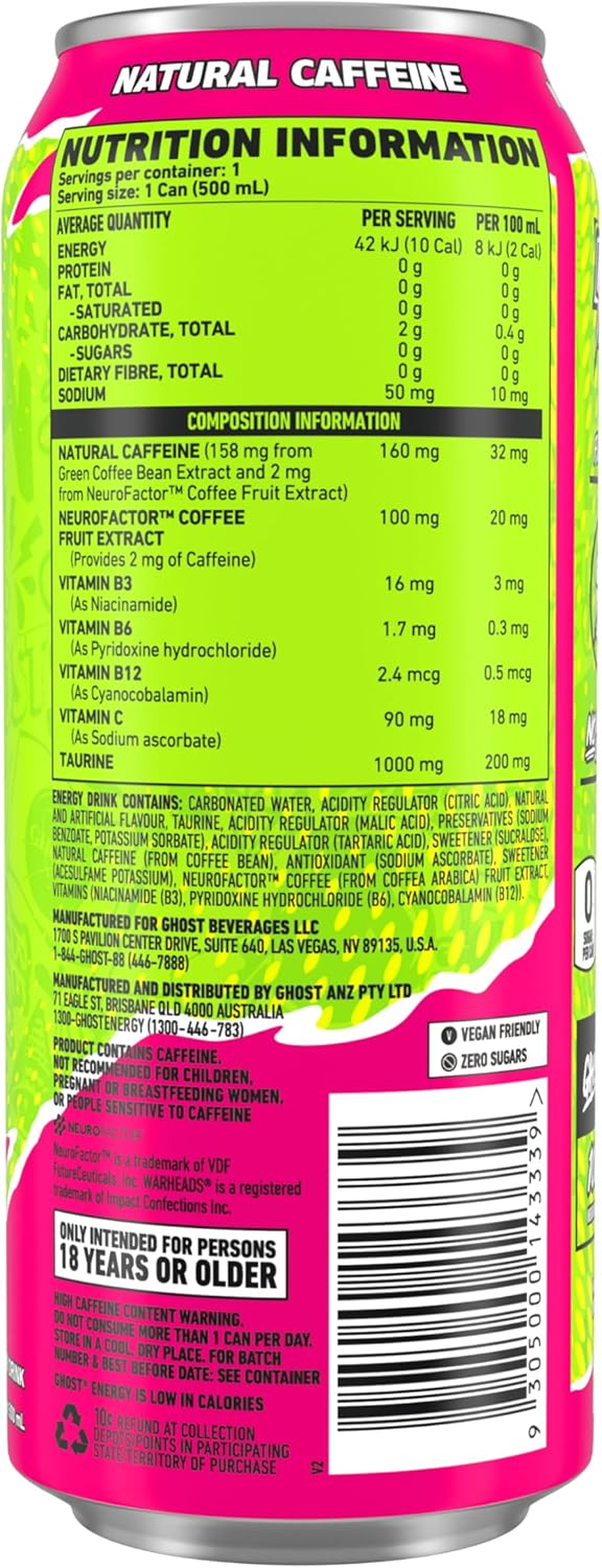 GHOST Energy Drink - 12-Pack, Sour Watermelon, 500 Ml Cans - Energy & Focus & No Artificial Colours - 160Mg of Natural Caffeine - Vegan image number 2