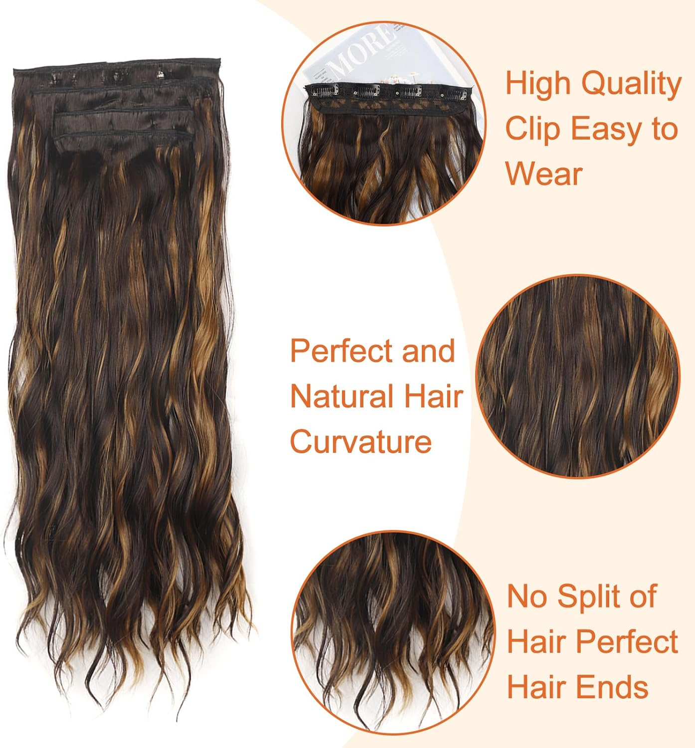 DKDDSSS Clip-In Extensions, 4 Pieces Brown Hair Extensions, Clip-In Hair Extensions, 55 Cm, Synthetic Hairpiece, Hair Extensions with Clips, for Women and Girls image number 1