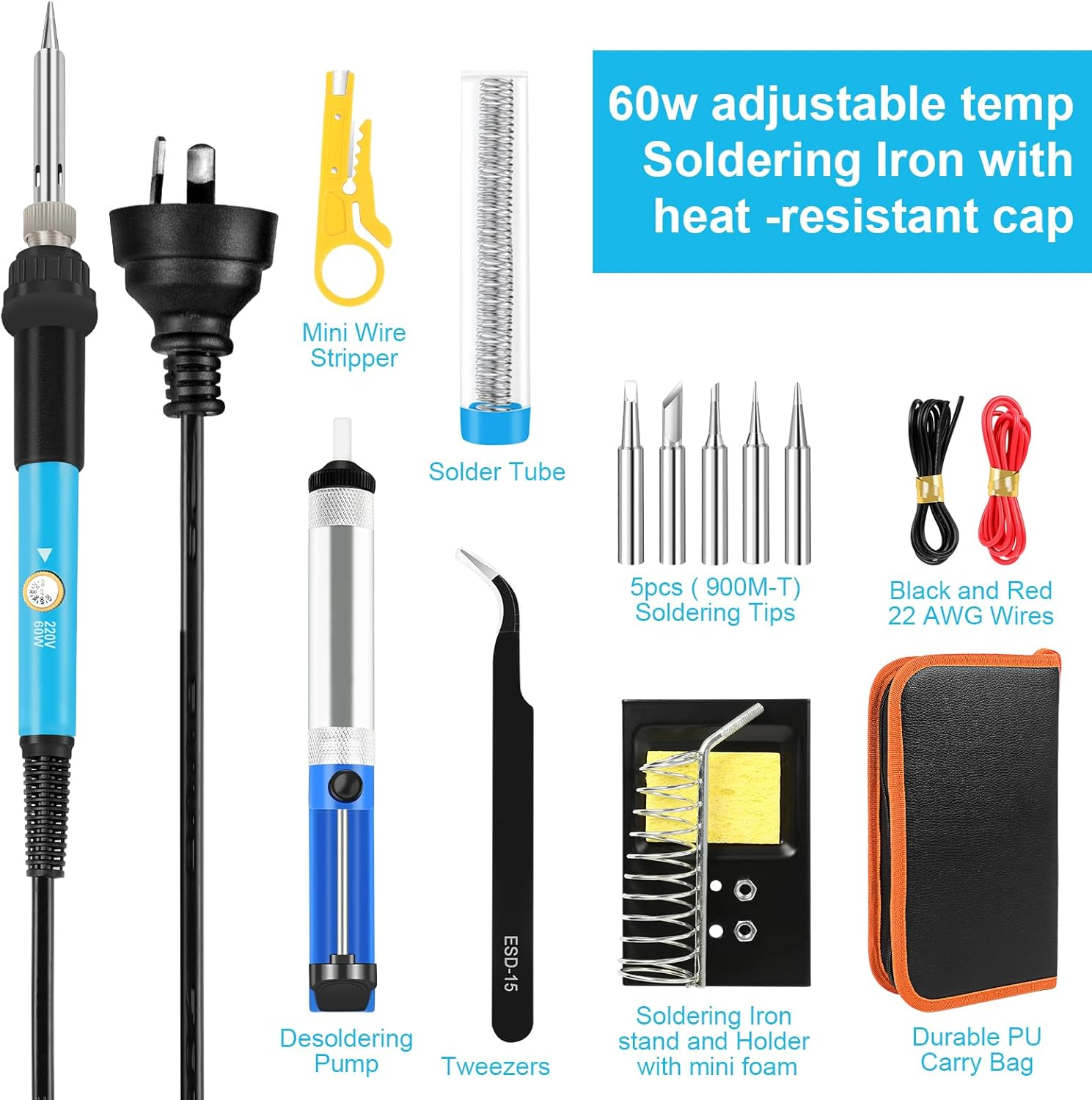 60W Soldering Iron Kit, Adjustable Temperature Welding Tool with LCD Digital Soldering Welding Iron Kit Household Electronic Soldering Repair Tools image number 1