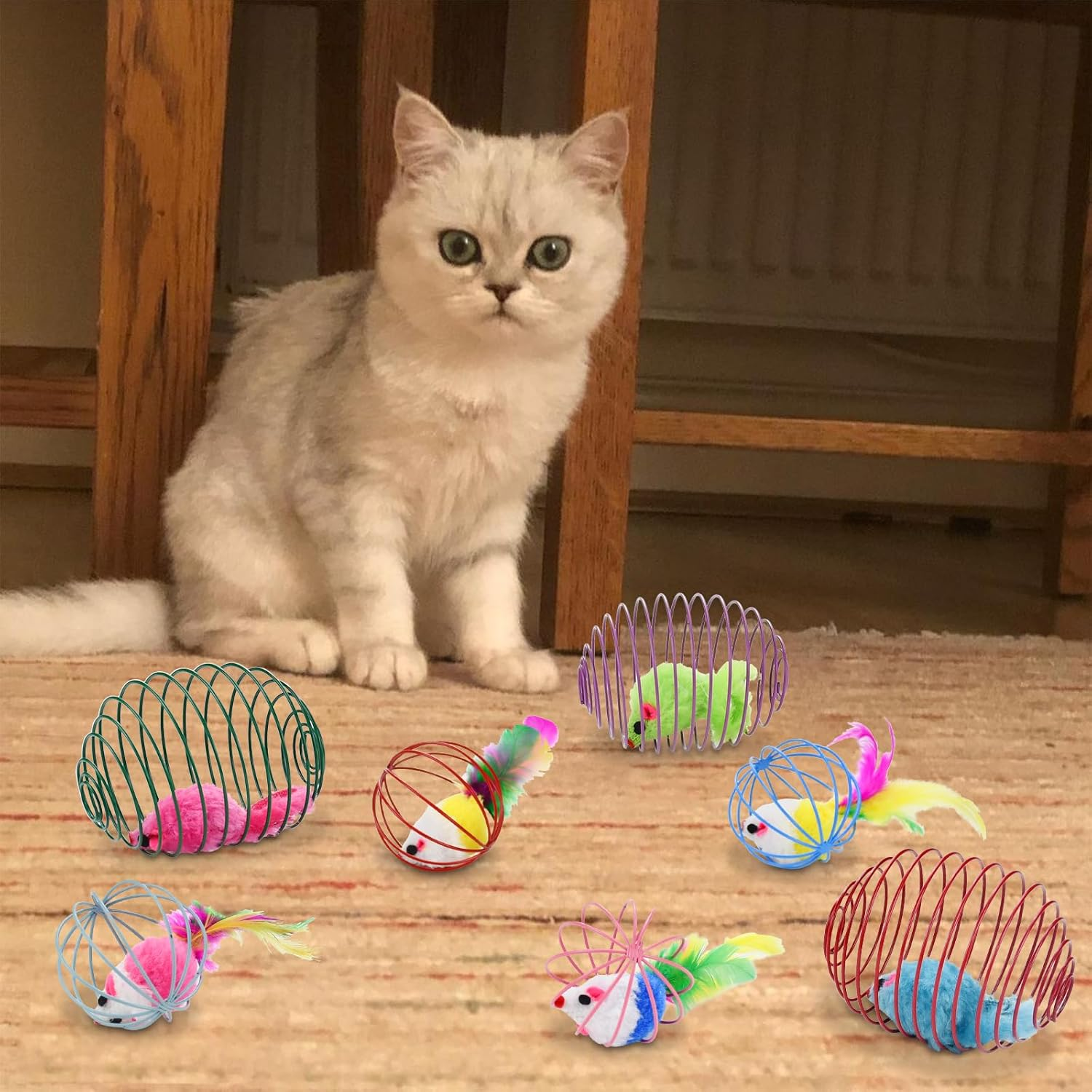 Cooshou Cat Interactive Bouncy Toy Balls Set Metal Cage Balls with Mice Spring Toy Balls for Cats Kittens Colorful Cat Teaser Ball with Mouse for Indoor Cats (10 PCS) image number 5