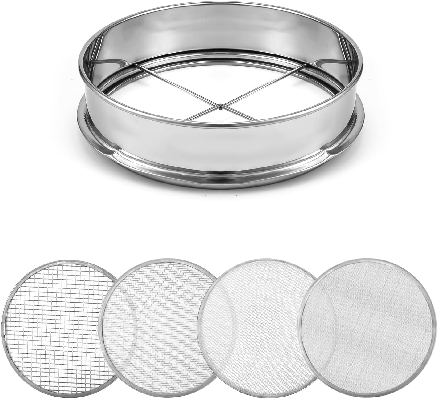 Soil Sifter Garden Sieve Set, 1Pc 30Cm/11.9In Stainless Steel Sifting Pan and 4Pcs 0.7/2/3/6Mm Mesh Sizes Garden Mesh Sieve Garden Soil Sieve Soil Filter Dirt Garden Sieve Soil Sifter image number 4