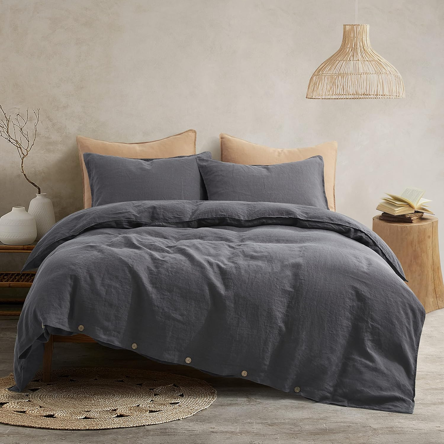ATLINIA 100% Flax Linen Duvet Cover Set - Stone Washed Pure French Linen Organic Fabric for Boho Bedding Farmhouse Quilt Comforterset Includes 1 Duvet Cover 2 Pillow Shams(Natural, Queen)