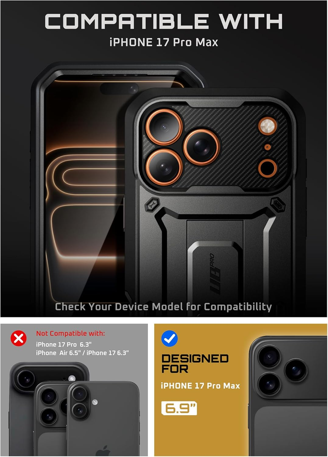 SUPCASE for Iphone 17 Pro Max Case with Camera Control Button (Unicorn Beetle Pro), [Built-In Kickstand & Screen Protector] [Military-Grade Protection] Full Body Heavy Duty Case, Black image number 3