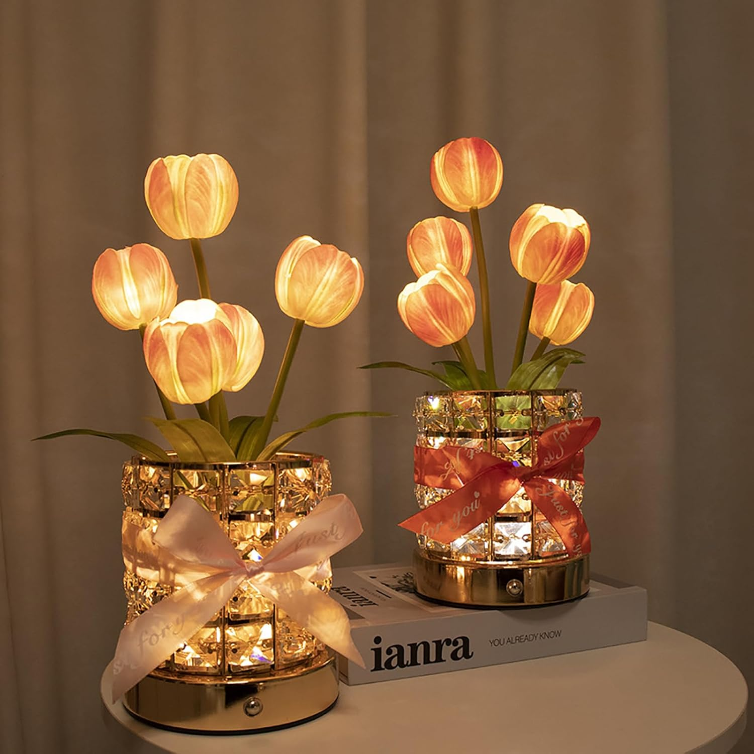 Tulip Crystal Flower Lamps, USB Rechargeable Cordless Lamps, 3 Colors Dimmable Artificial Flowers Light, for Home Date Party Decoration (Tulip Pink)