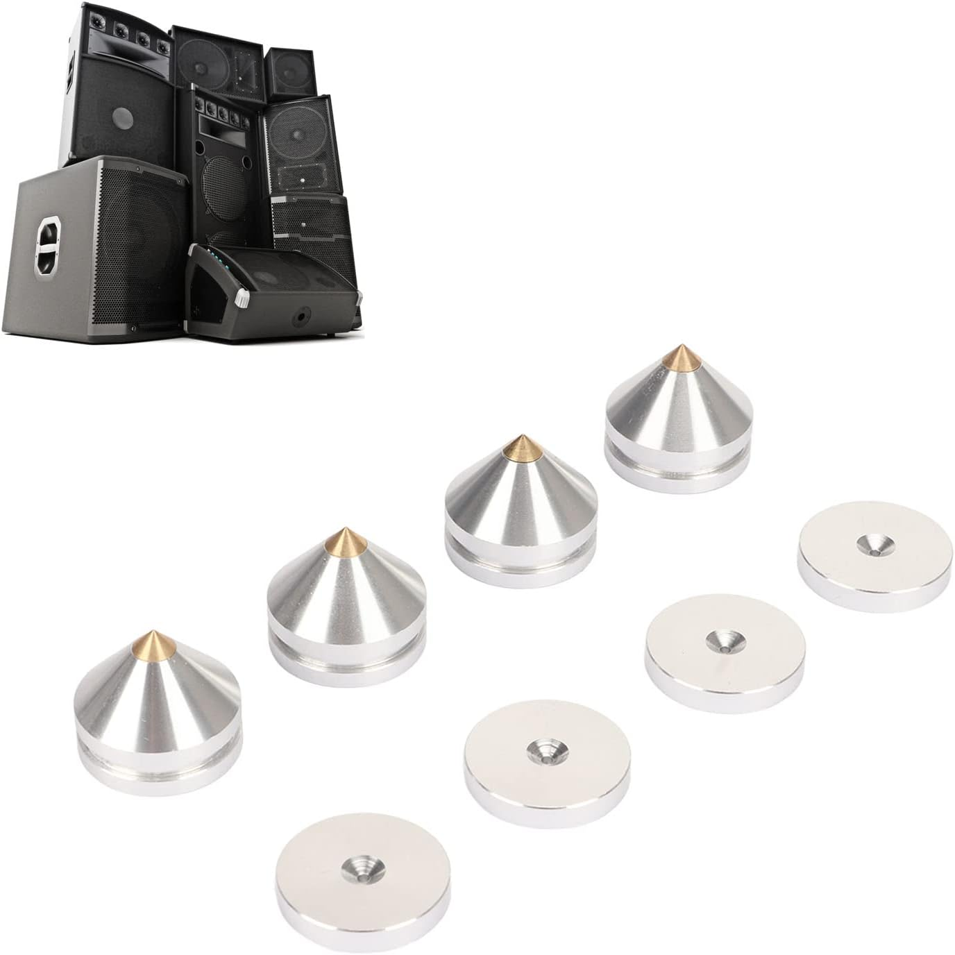 4 Pcs Aluminum Speaker Spike and Speaker Isolation Feet, Turntable Isolation Platform, Subwoofer Isolation Pad Feet Amplifier Feet DAC Feet Pad Stand, Foot Mat Shock Absorber for Amps Silver
