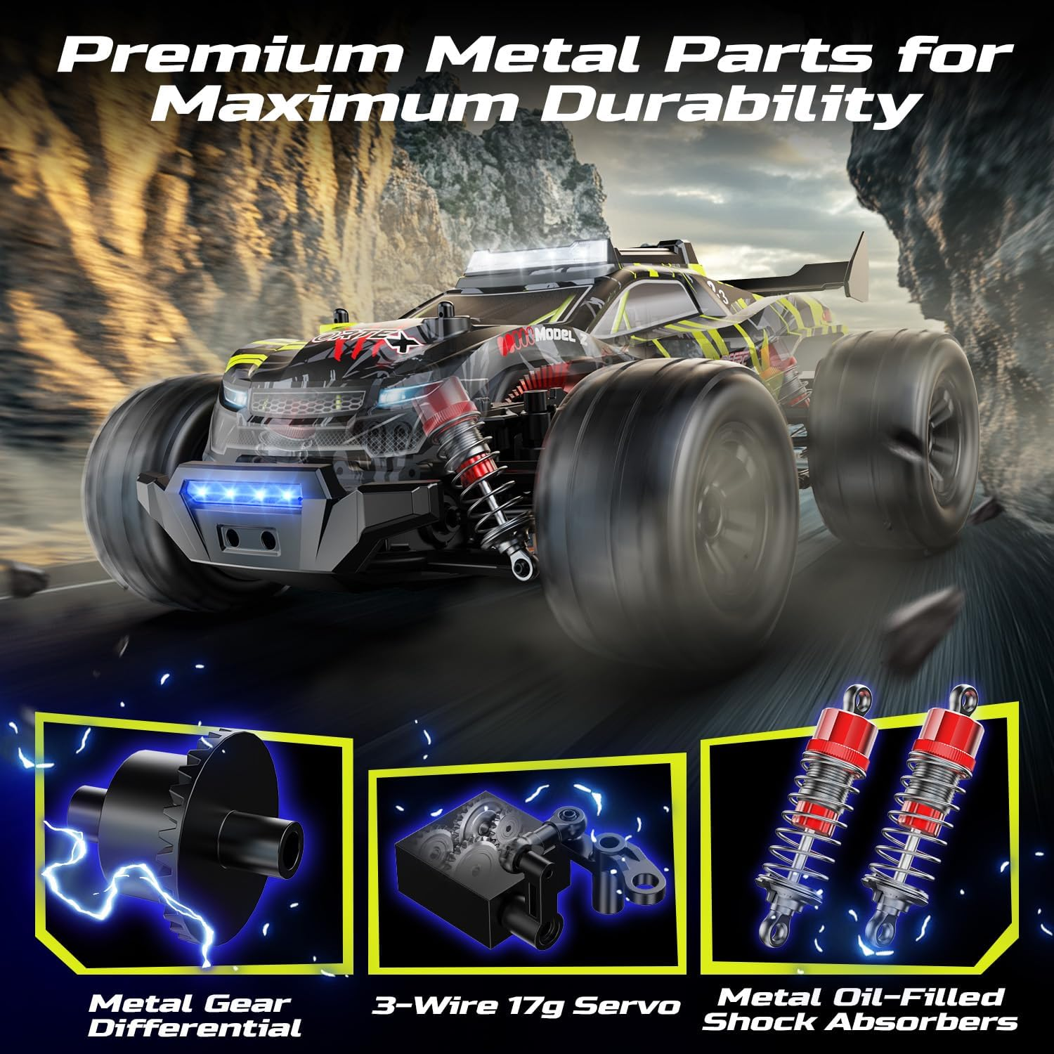 DEERC 1:14 Brushless RC Car for Adults, 43MPH 4WD Off-Road RC Truck with 7-Color LED Lights, Metal Oil Shocks, 2&times;7.4V High-Capacity Batteries, All-Metal Drivetrain, 3 Light Modes, 3S Lipo Compatible image number 5