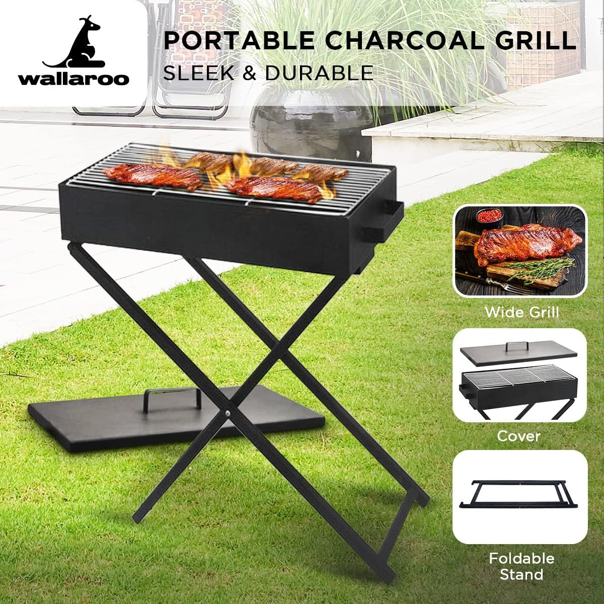 Wallaroo Charcoal BBQ Grill for Camping & Hiking Suitable for Outdoor Garden & Patio Use - Foldable Legs Height-Adjustable up to 72Cm