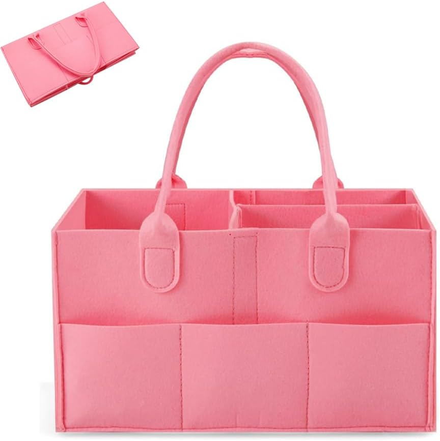 Baby Diaper Caddy Organizer, Portable Nursery Storage Basket for Wipes & Baby Essentials, Collapsible Diaper Organizer(Pink) image number 2