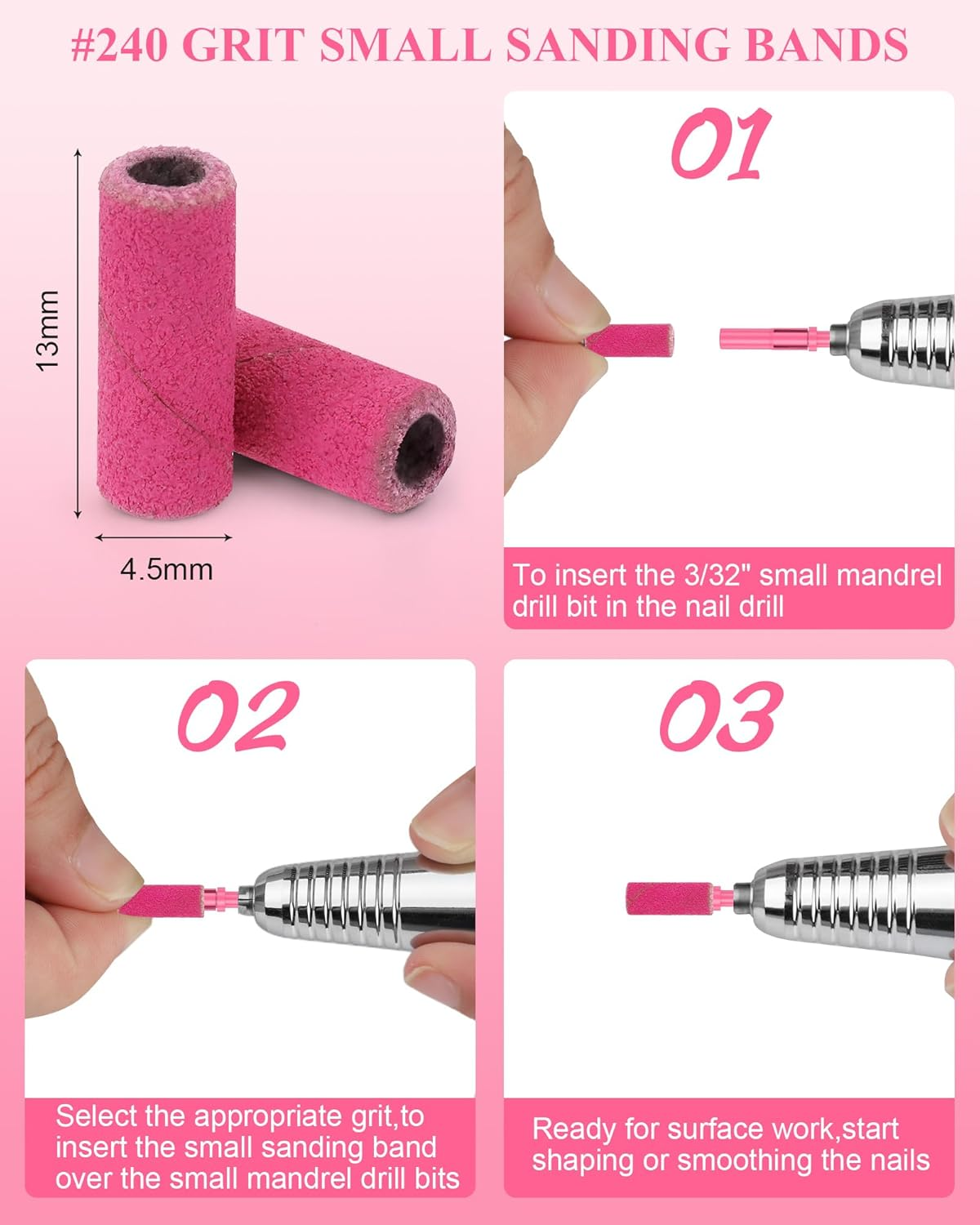 100 Pcs Mini Sanding Bands for Nail Drill,240 Grit Small Sanding Bands Nail Drill Bits with 3.1Mm Mandrel Bit for Acrylic Nails Natural Nails Gel Manicures and Pedicure,Rose Red image number 6