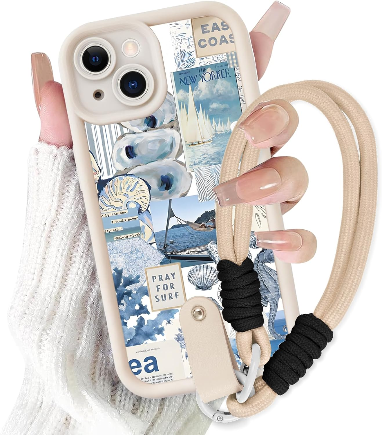 Yoedge Mobile Phone Case for Iphone 15, Case with Strap Chain, Cord Protective Case with Collage Aesthetic Coral Shells Pattern with Cord for Hanging Cover, Silicone Case 6.1 Inches, Puzzle