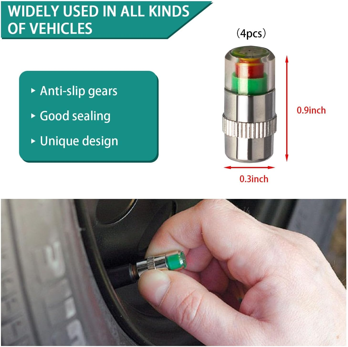 4 PCS Tire Pressure Monitor Valve Stem Caps, 2.4 Bar 36 PSI Car Tire Pressure Monitor Sensor Indicator with 3-Color Eye Alert, Universal Valve Stem Caps for Cars, Suvs, Trucks (Silver) - Silver image number 4