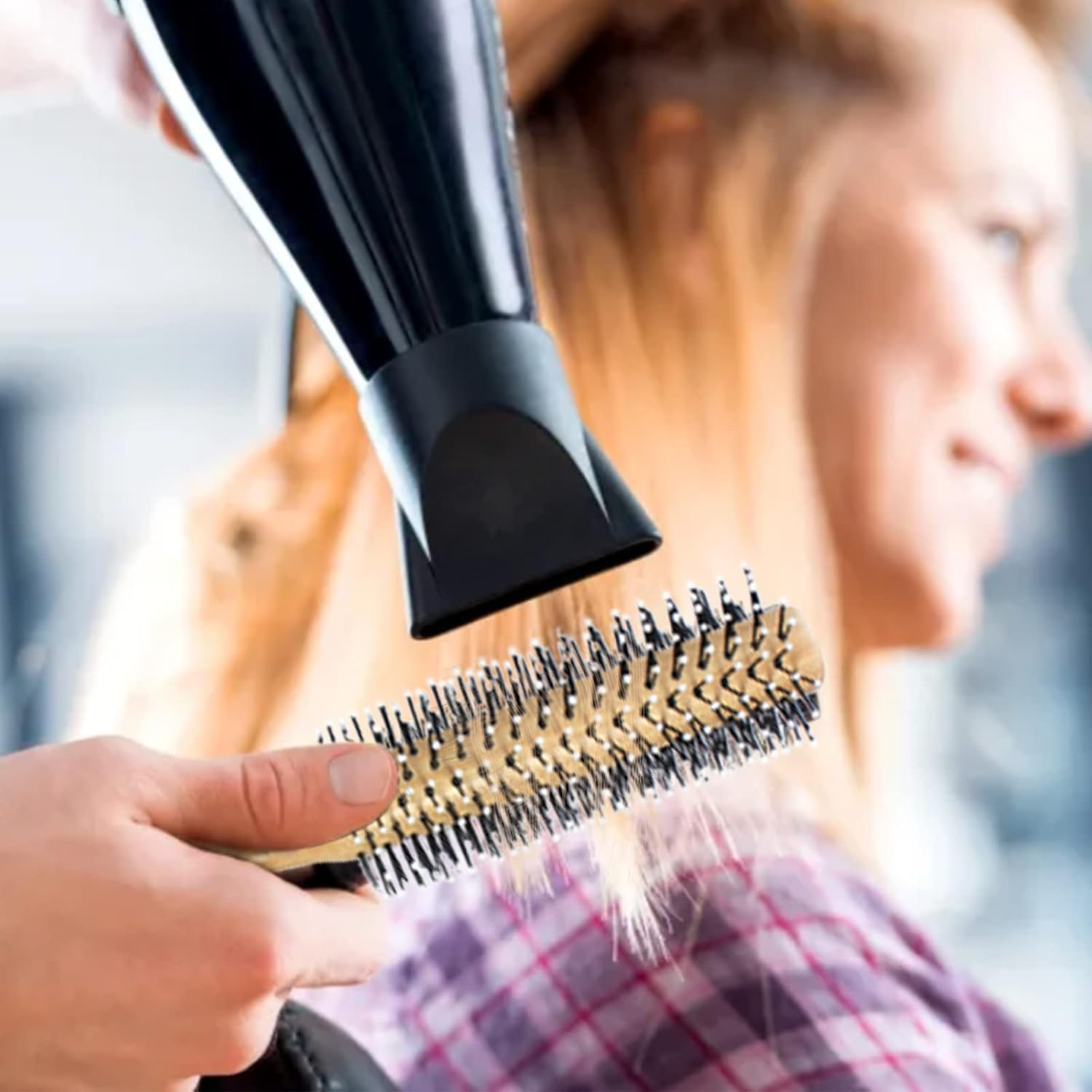 Round Curling Comb with Original Wooden Handle Made of Pure Beech Wood,Gentle Nylon Bristles,For All Hair Styles,Natural and Gentle Hair Brush (Yellow)