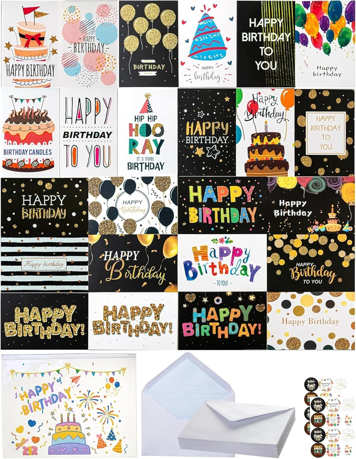 20PCS Happy Birthday Cards Assortment, 7.5 * 10CM Blank Cards with Envelopes and Stickers, Unique Happy Birthday Greeting Cards for Family, Kids, Friends and Office