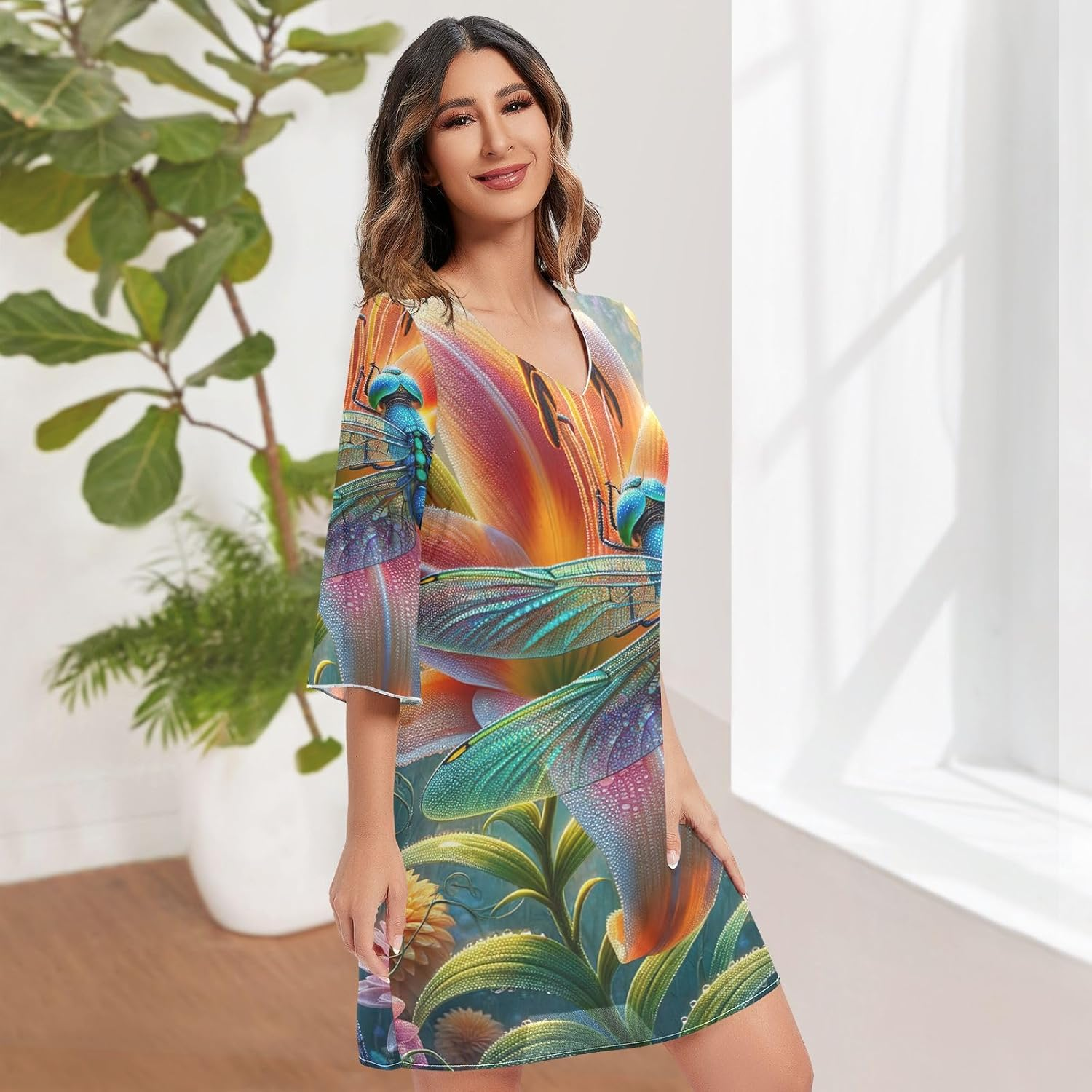 Beautiful Dragonfly Flowers Casual V Neck Dress 3/4 Sleeve Maternity Dress Party S-XXL image number 5