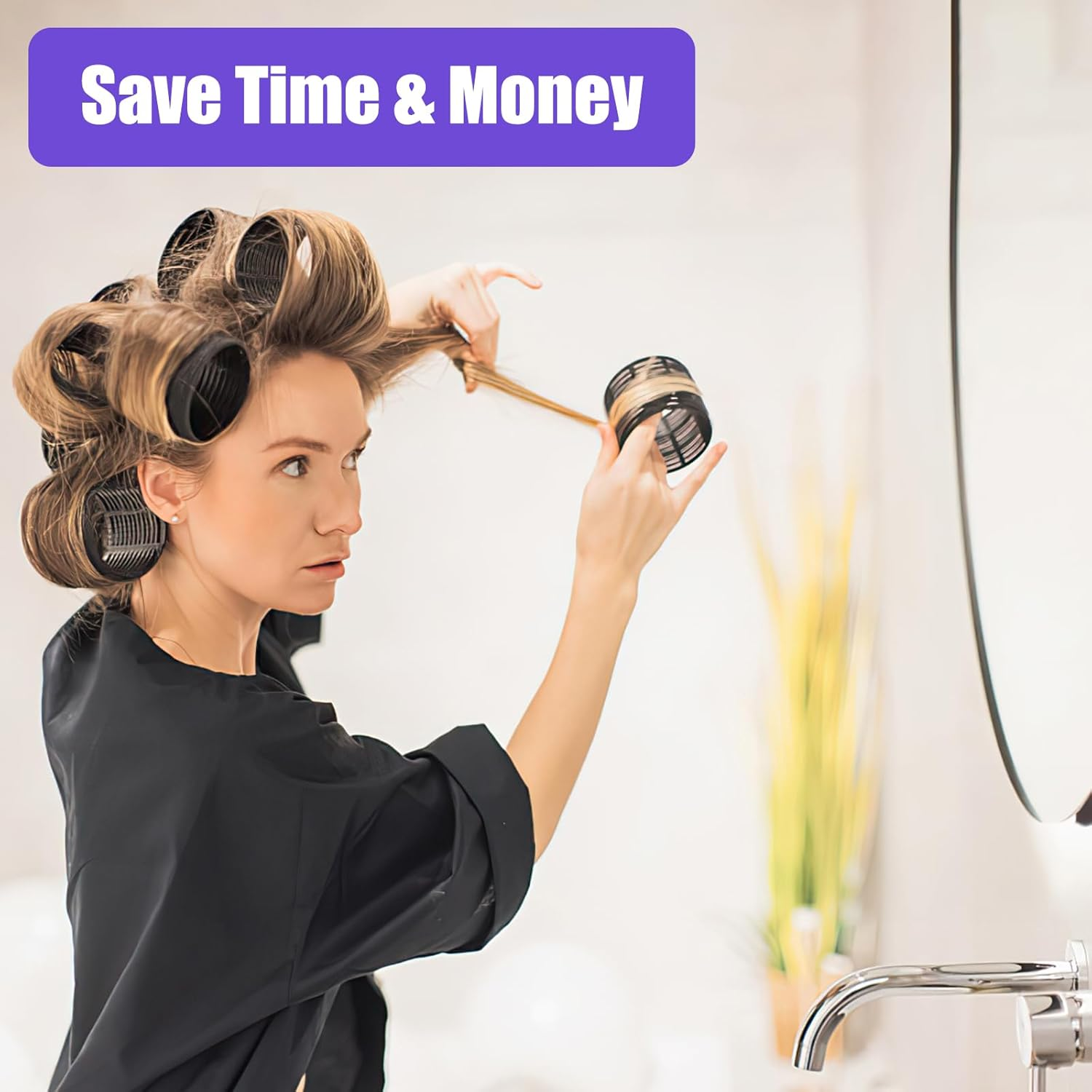 37-Piece Hair Rollers Set, Self-Adhesive Hair Rollers, Black Hair Rollers with 4 Sizes 60 Mm, 48 Mm, 36 Mm, 25 Mm, Jumbo Curlers with 20 Clips and 1 Comb for Long Medium Short Hair