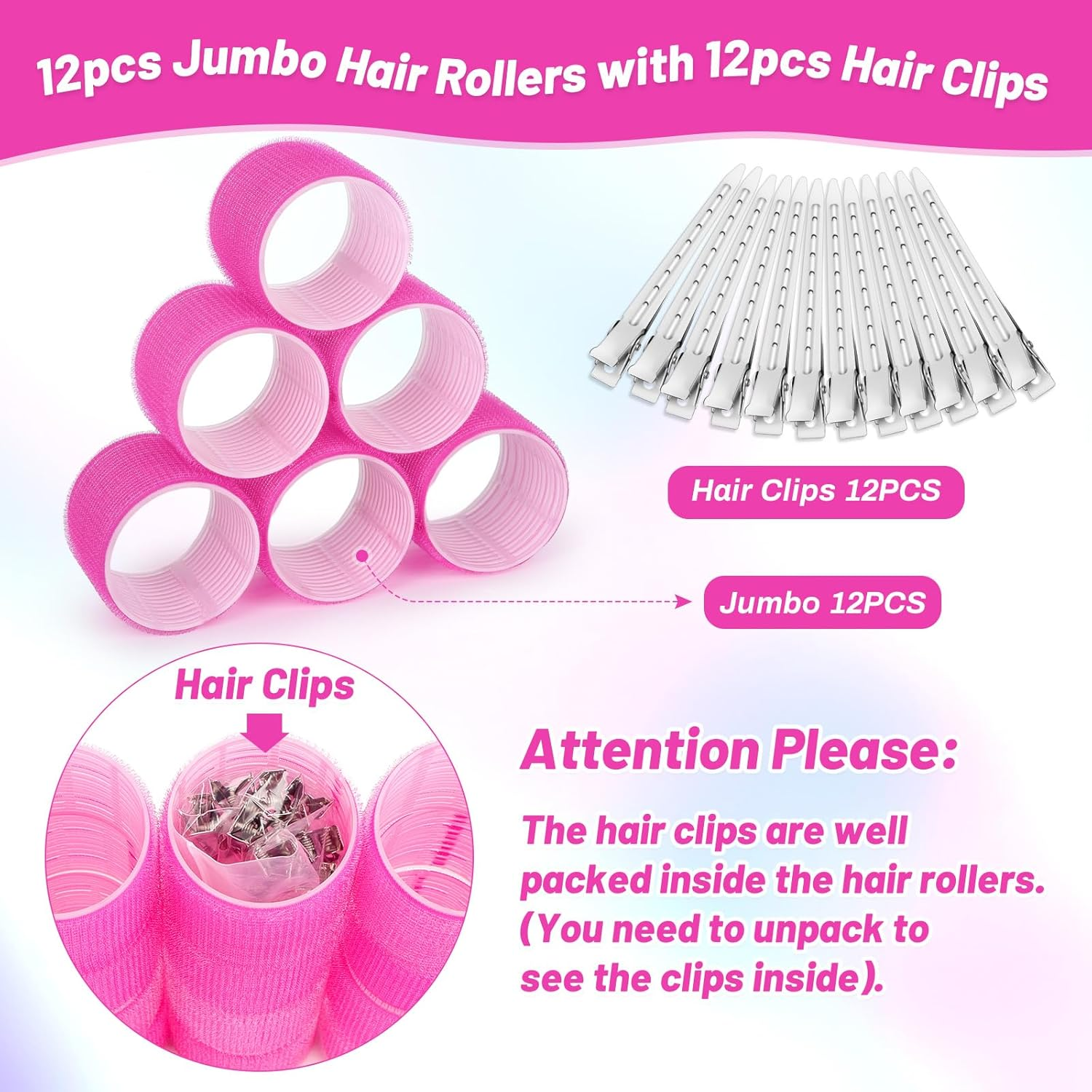 Jumbo Hair Curlers Rollers, 12Pcs 60Mm Jumbo Hair Roller Curlers Self Grip Holding Rollers with 12Pcs Hair Clips for Long Straight Thick Hair (Rose Red) image number 1