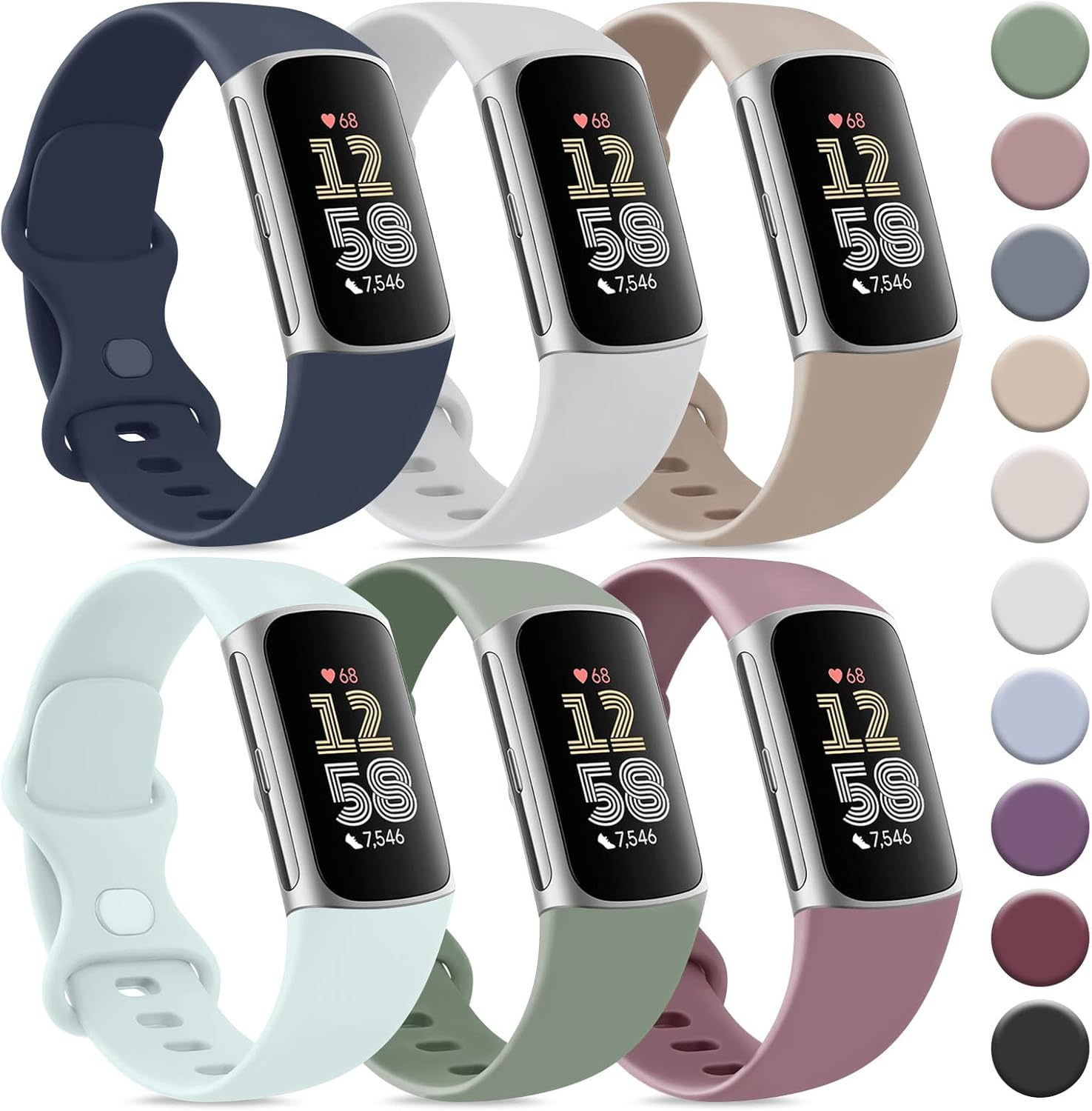 Tobfit Pack of 6 Wristbands for Fitbit Charge 6 Wristband/Fitbit Charge 5 Wristband Women Men, Silicone Sport Replacement Wristbands for Fitbit Charge 6 / Fitbit Charge 5