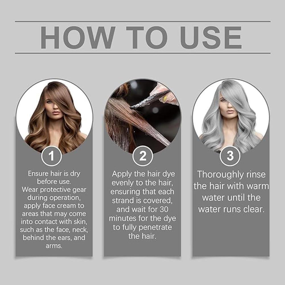 3Pcs 2-In-1 Natural Essence Extract Silver Hair Dye Cream - Metallic Gray Color Permanent image number 3