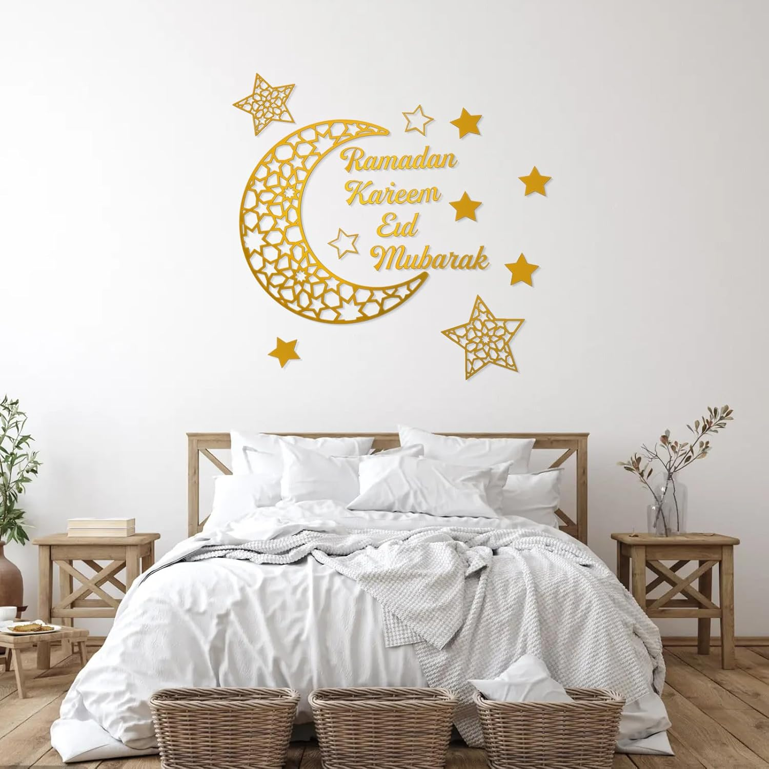 Fiohiros Gold Acrylic Ramadan Decorations Sticker Wall, Mirror Ramadan Wall Stickers with Adhesive Art Decal, Eid Mubarak Wall Art Decoration for Bedding Room Wall Decoration (Gold Star Moon) image number 5