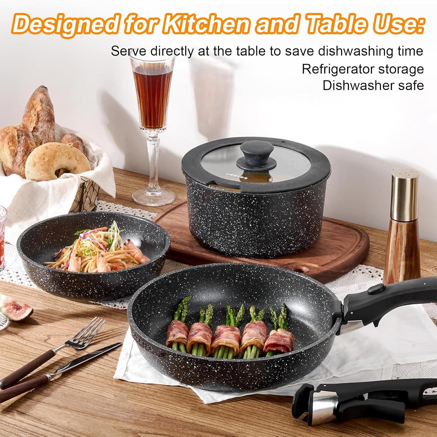 Yildue 23 Piece Pots and Pans Set, Detachable Handle Induction Cookware, Compatible with All Stoves,Non-Stick Stackable RV Kitchen Set, Dishwasher & Oven Safe (Black)