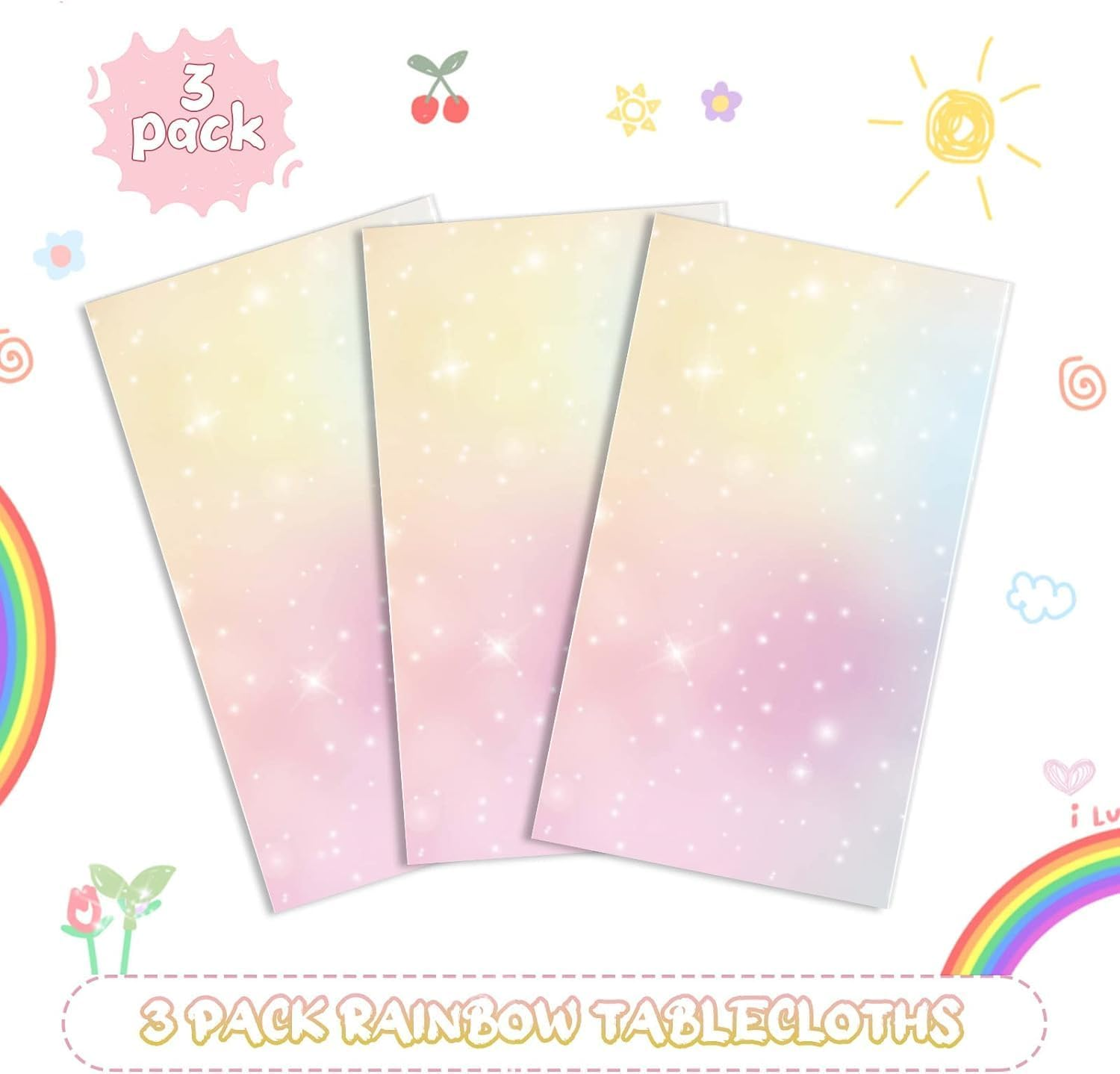 Acemedia 3 Pieces Pastel Rainbow Tablecloths Birthday Party Decoration Rectangle Plastic Disposable Table Cover Waterproof Boho Rainbow Table Cloths Girls Baby Shower Unicorn Party Supplies image number 1