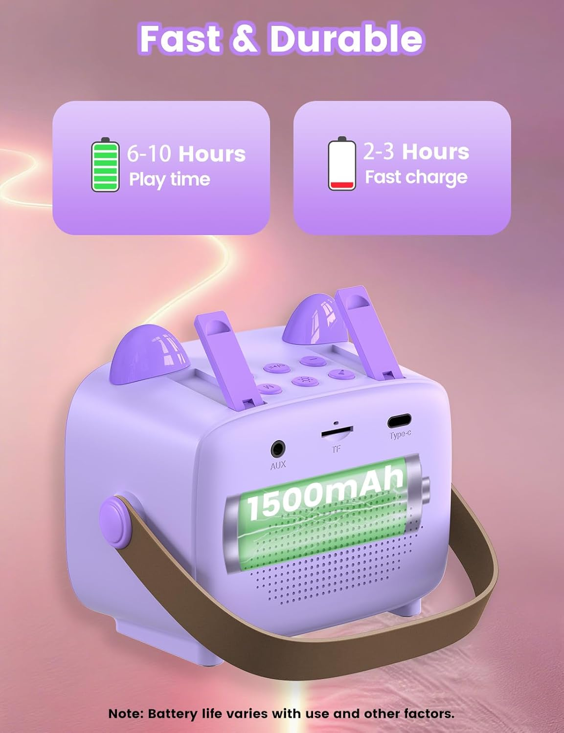 ZONEY Mini Karaoke Machine for Kids, Portable Bluetooth Karaoke Speaker with 2 Wilreless Microphones with LED Lights, Birthday Kids Toys Gifts for Girls Boys 4, 5, 6, 7, 8, 9, 10 +Year Old, Purple - Purple image number 6