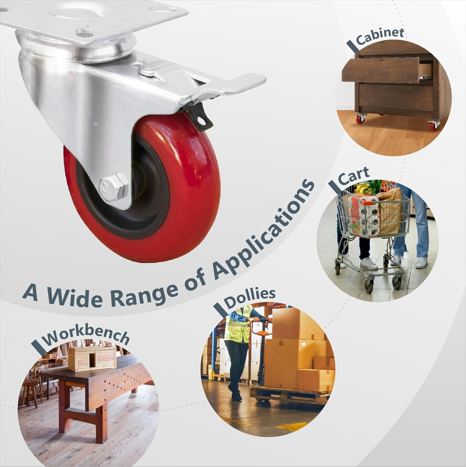 POWERTEC 3 Inch Swivel Caster Wheels Set of 4 with Brake & 640 Lbs Loads, Heavy Duty Plate Casters, Dual Locking PU Castor Wheels for Furniture, Cart, Dolly and Workbenches (17205) image number 1