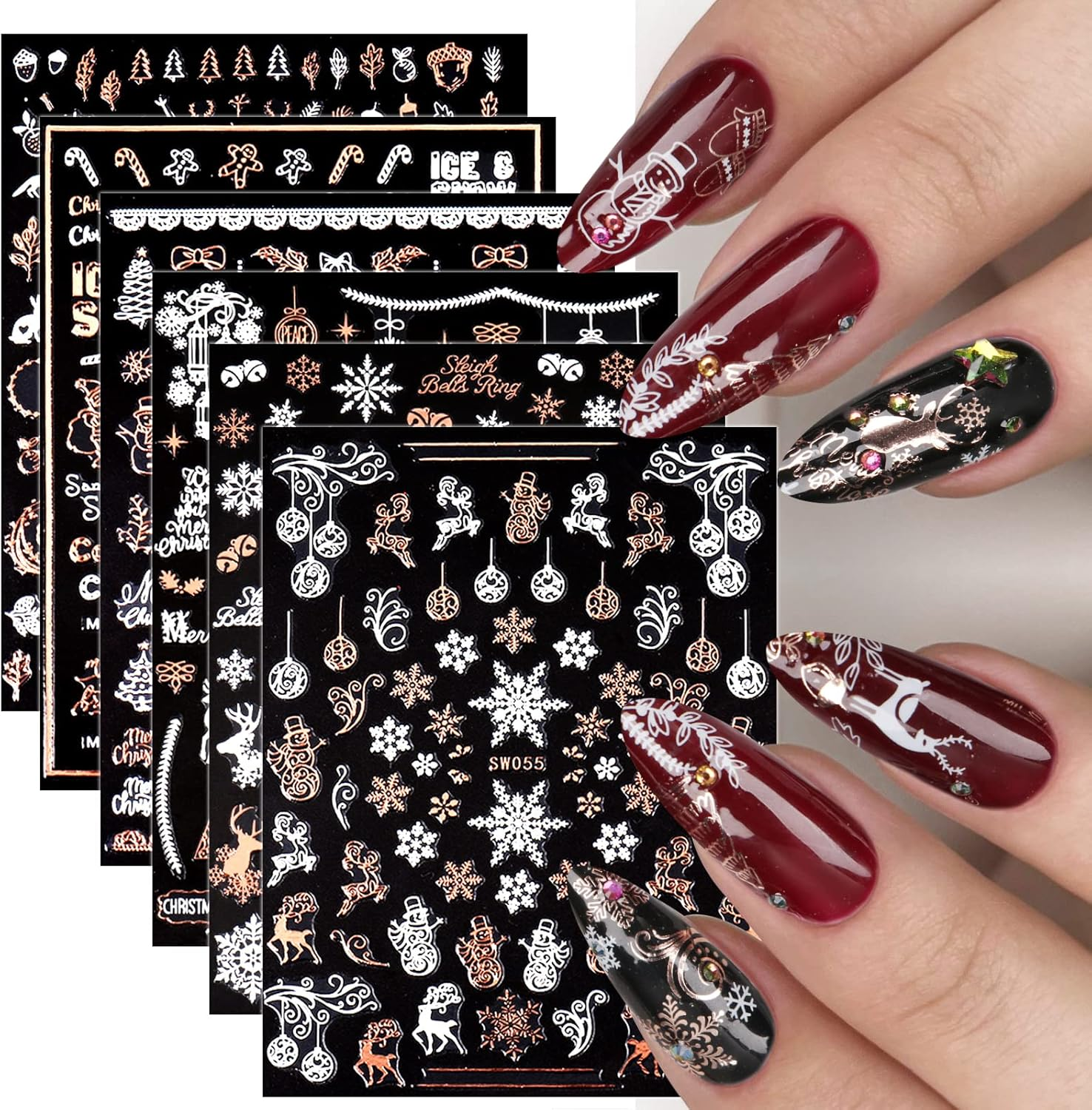 9 Sheets Christmas Nail Art Stickers Decals Self-Adhesive Pegatinas U&ntilde;as Rose Gold Snowflake Tree Winter Nail Supplies Nail Art Design Decoration Accessories image number 1