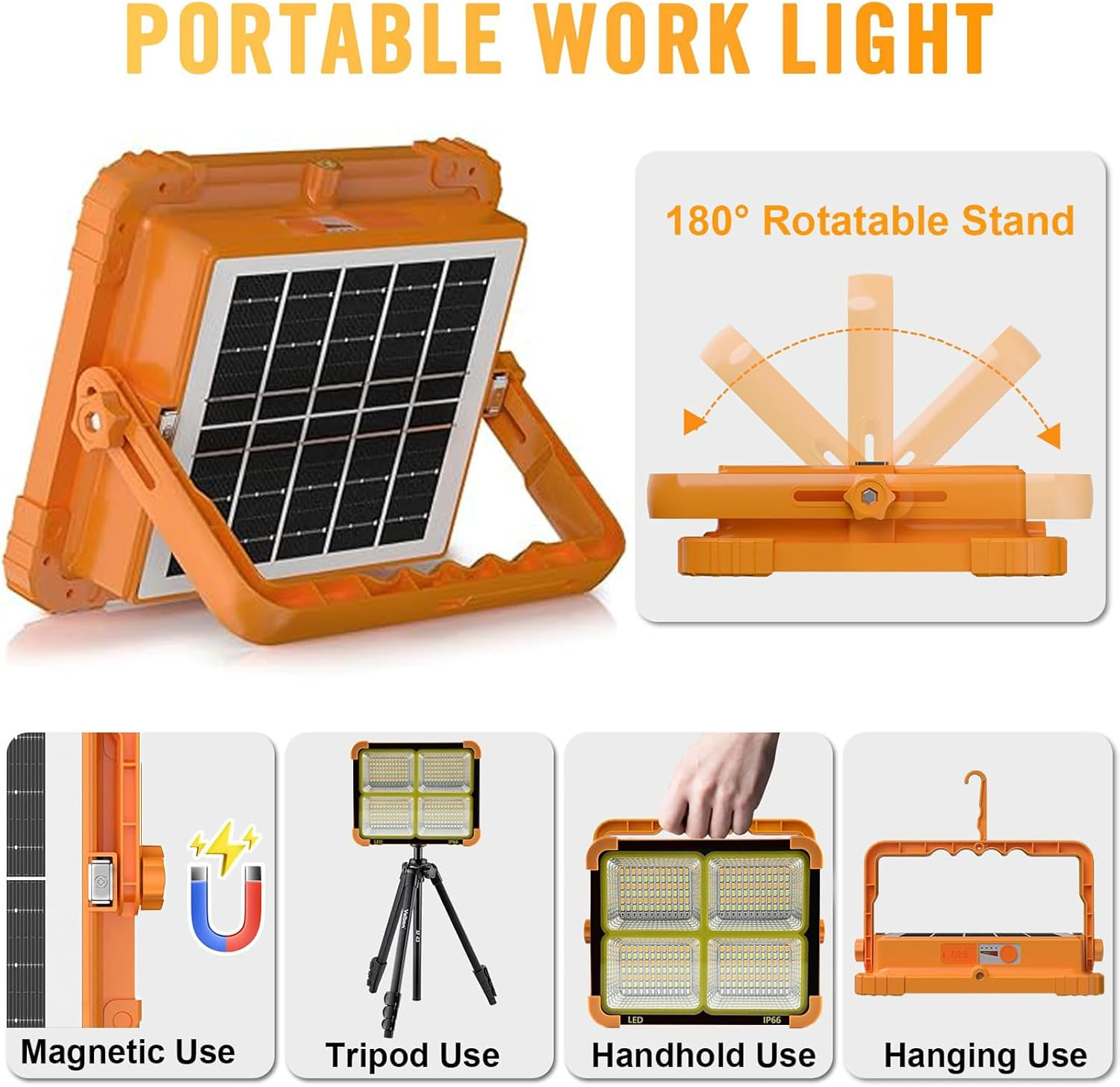 LED Solar Work Light 100W Rechargeable 4800Mah with 5 Lights Modes IP66 Waterproof, Portable Magnetic Outdoor Working Light for Emergency Camping Garage Car Repairing Construction Site Lighting