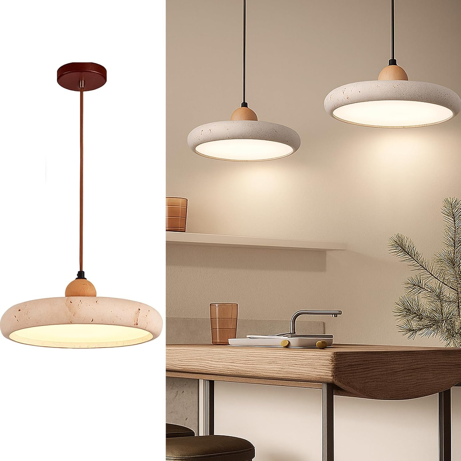 Natural Stone Pendant Light &ndash;Adjustable Hanging Light for Kitchen Island Dining Room Living Room, French Travertine Ceiling Light Fixture with LED, Modern Minimalist Design (B,M)