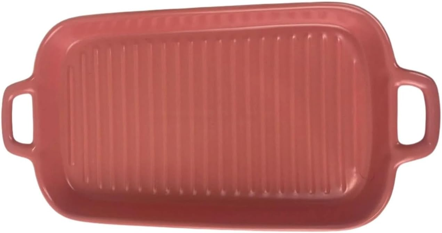 Bliss Gifts & Homewares Ceramic Baking Dish I Rectangular Bakeware with Handles I Ribbed Design Elegant Casserole Plates I Pan for Oven Roasting Lasagna, Baking, Cooking, Cake Dinner - 30X15.5Cm (Pink)