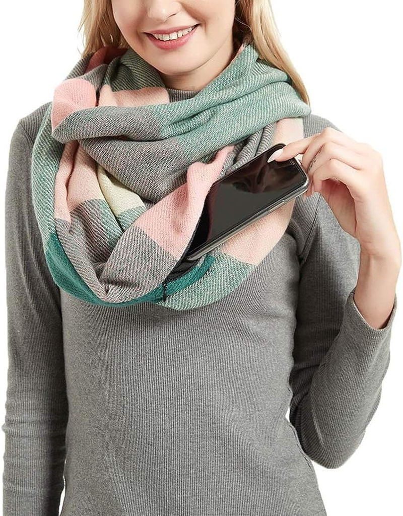 Women Plaid Infinity Scarf with Zipper Pocket Scarves Pockets-Secret Travel Scarfs for Girls Ladies image number 3